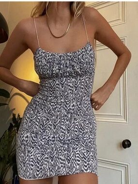 Urban Outfitters Emma printed cream blue dress bungee straps XS Empire Records